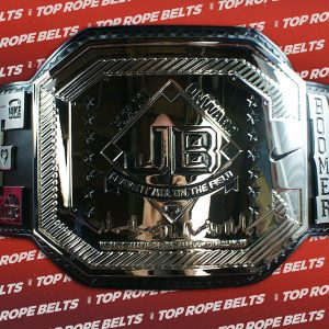 Custom silver championship belt featuring intricate plates and a prominent JB logo, set against a red Top Rope Belts