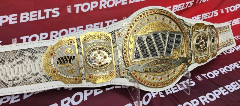 Angled view of the MVP women's championship belt center plate and left side plates