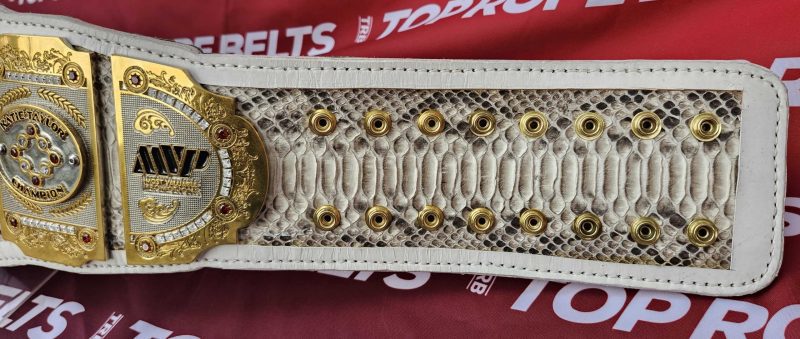 Close-up of the MVP belt tail strap, snakeskin inlay with gold snap eyelets
